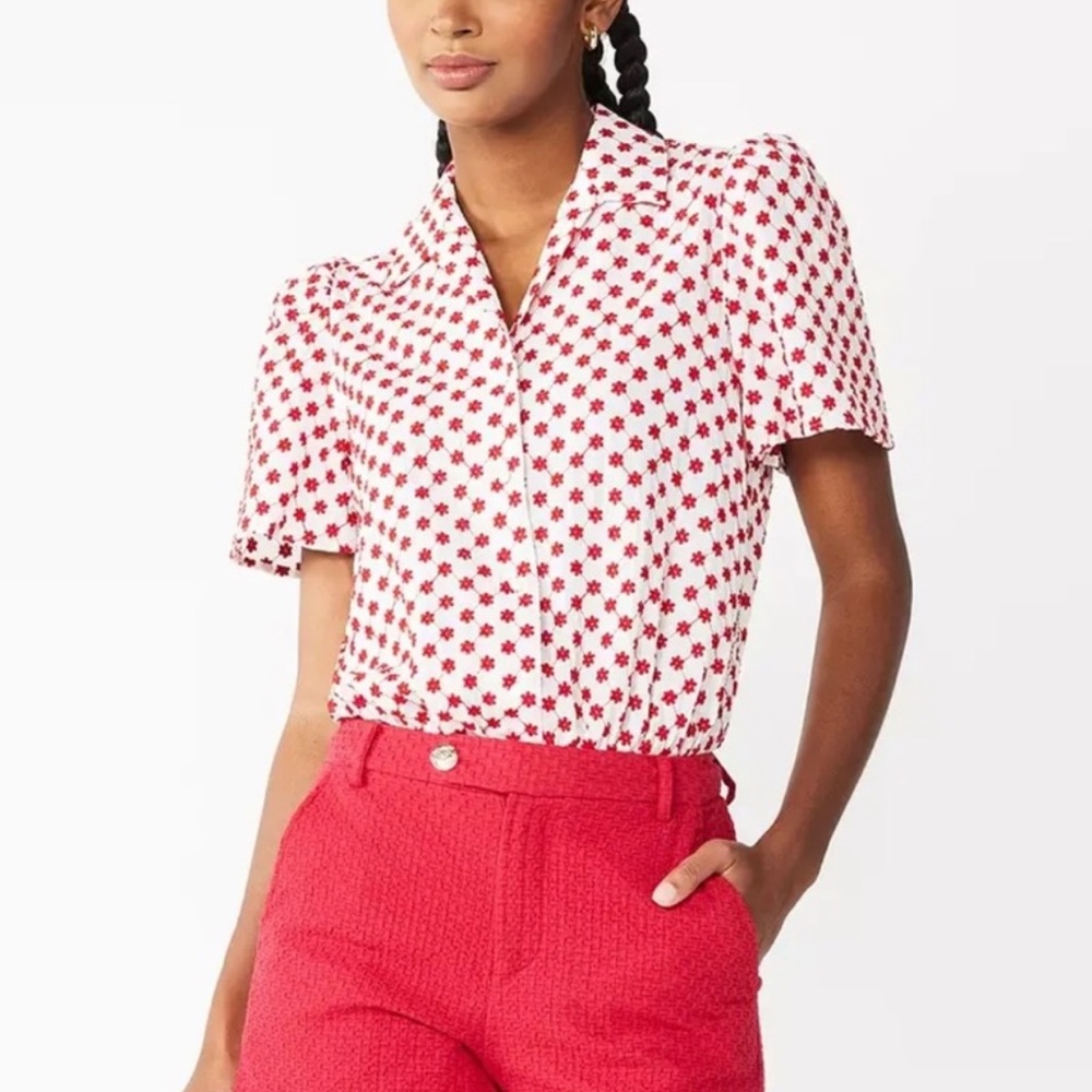 Draper James Floral Embroidered Collared Short Sleeve Bodysuit